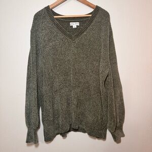 Ava & Viv 2X Olive Green Oversized V-Neck Soft Knit Sweater
